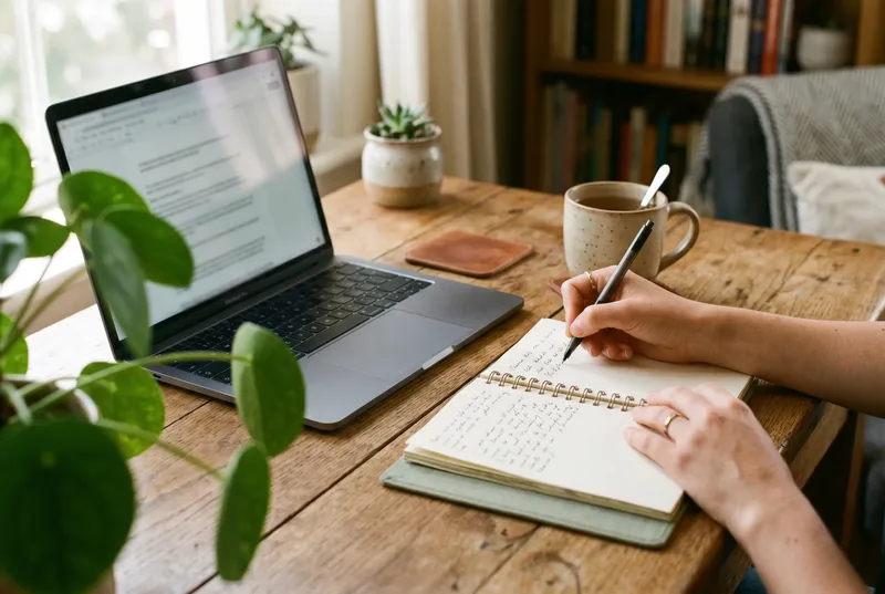Handen schrijven aantekeningen in een notitieboek naast een laptop op een zonnig bureau