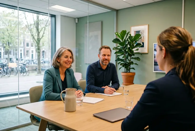 Sollicitatiegesprek aan een lichte houten tafel in een gemeentekantoor