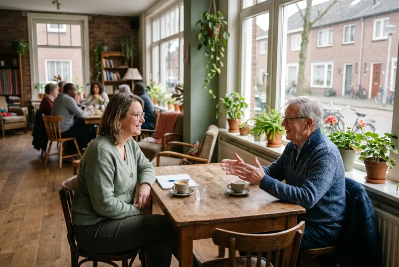 Medewerker van een wijkteam in gesprek met een inwoner in een buurtcentrum