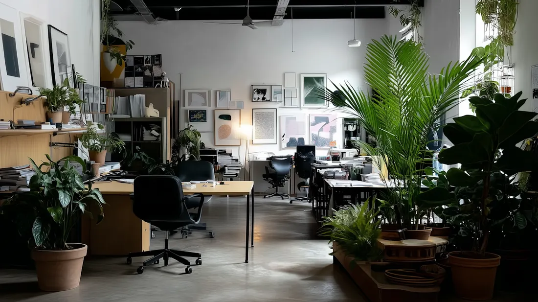 Werkplekken op een kantoor vol planten