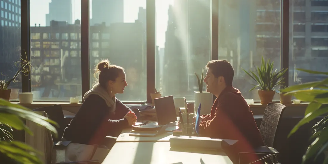 Twee mensen in gesprek aan een zonnige vergadertafel